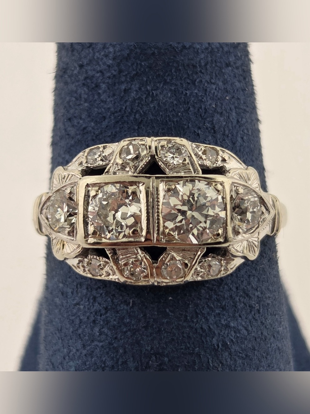 Diamond 14k White Gold Estate Art Deco Ring Vintage Antique Size 7.5